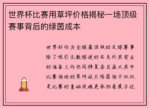 世界杯比赛用草坪价格揭秘一场顶级赛事背后的绿茵成本