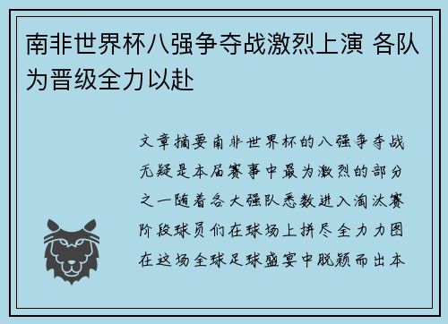南非世界杯八强争夺战激烈上演 各队为晋级全力以赴